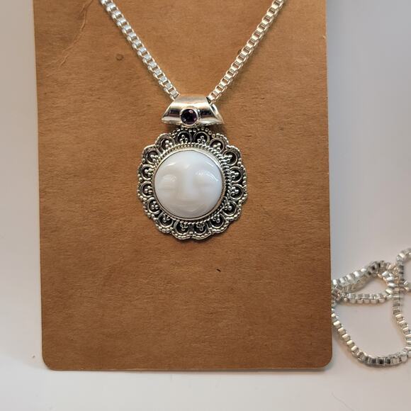 Vintage Silver Necklace with Moon Face Pendant Mother of Pearl and Purple Gem - Picture 3 of 10
